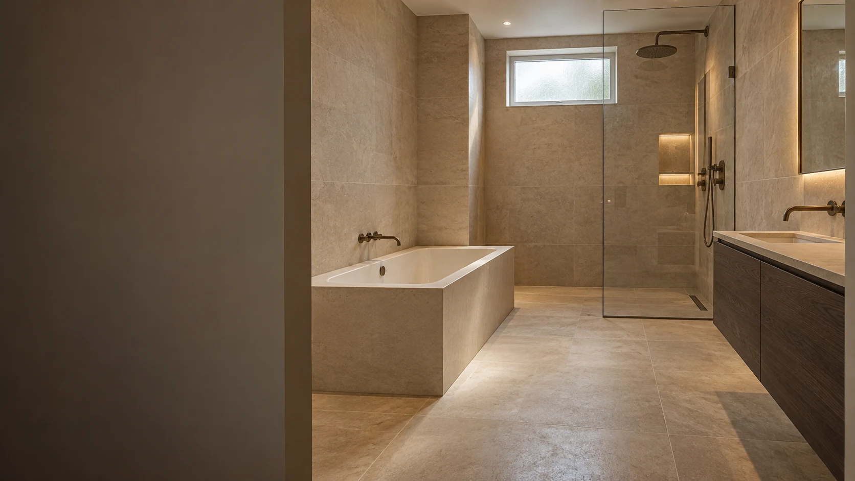 Limestone bathroom with a bathtub, vanity and glass shower