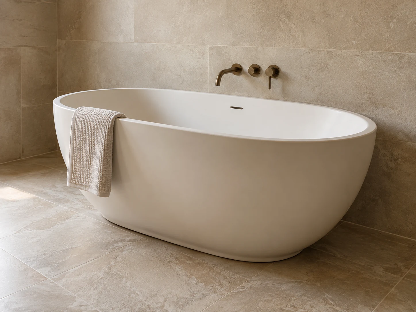 Freestanding ivory bathtub against a solid limestone wall with a bronze wall-mounted filler