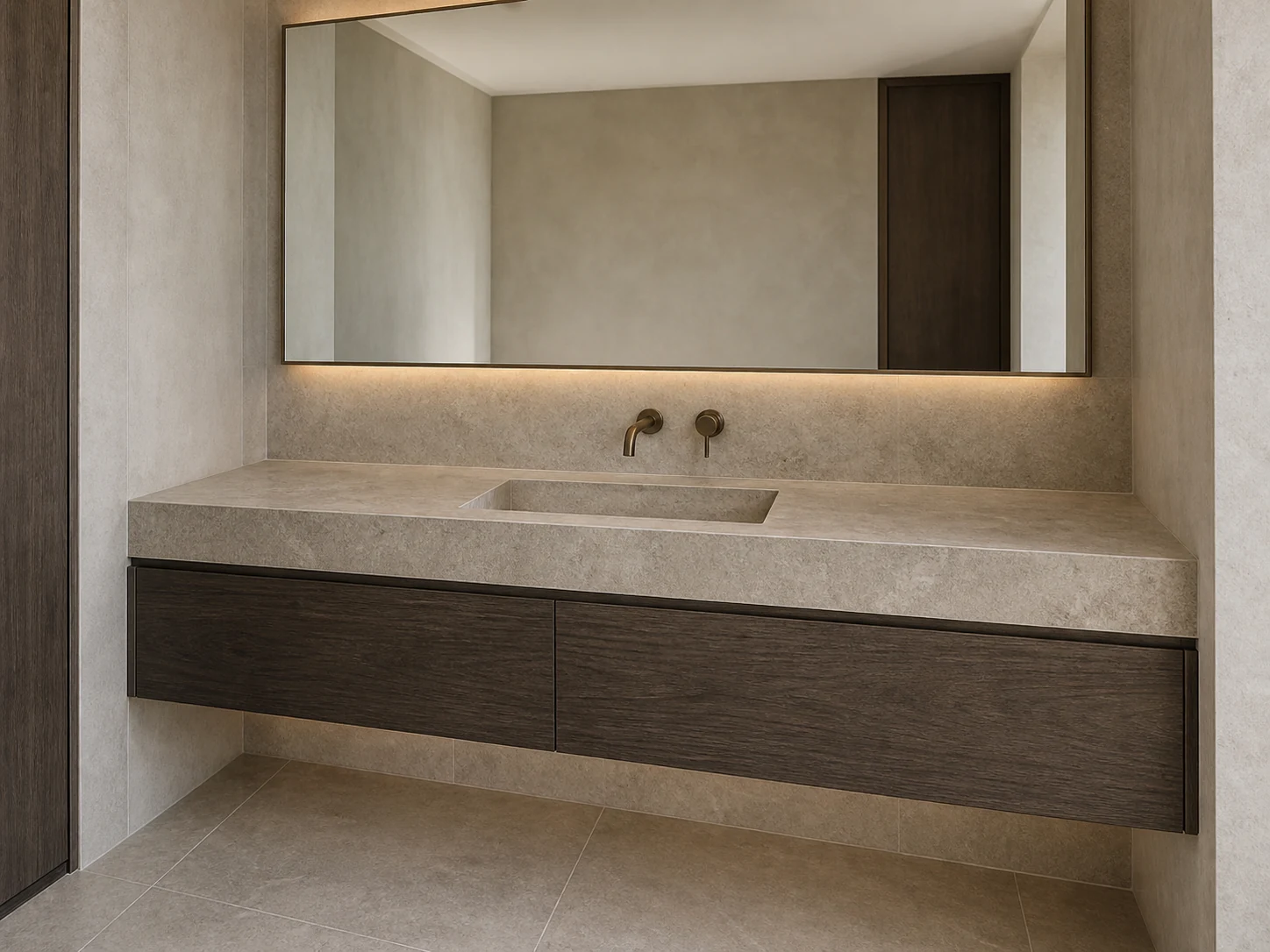 Wall-mounted oak vanity with a single inset basin, bronze tap and large rectangular mirror