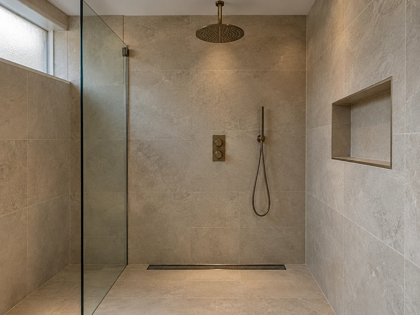 Walk-in shower with bronze rainfall fittings, frameless glass and a linear floor drain