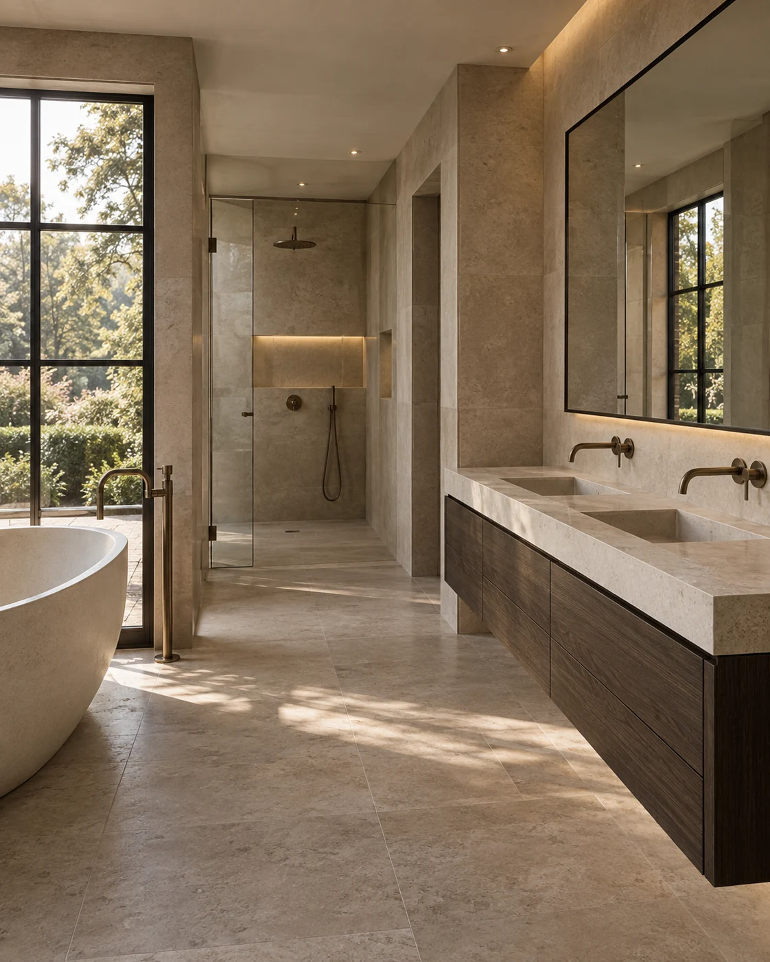 A fitted bathroom with carefully finished stone surfaces