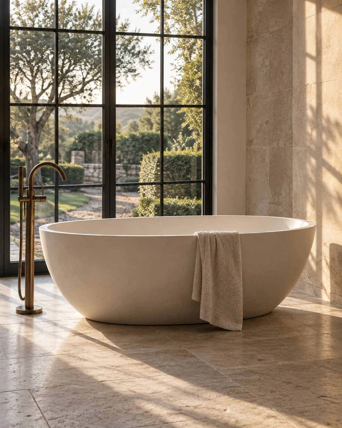 Ivory freestanding bath beside a tall garden window