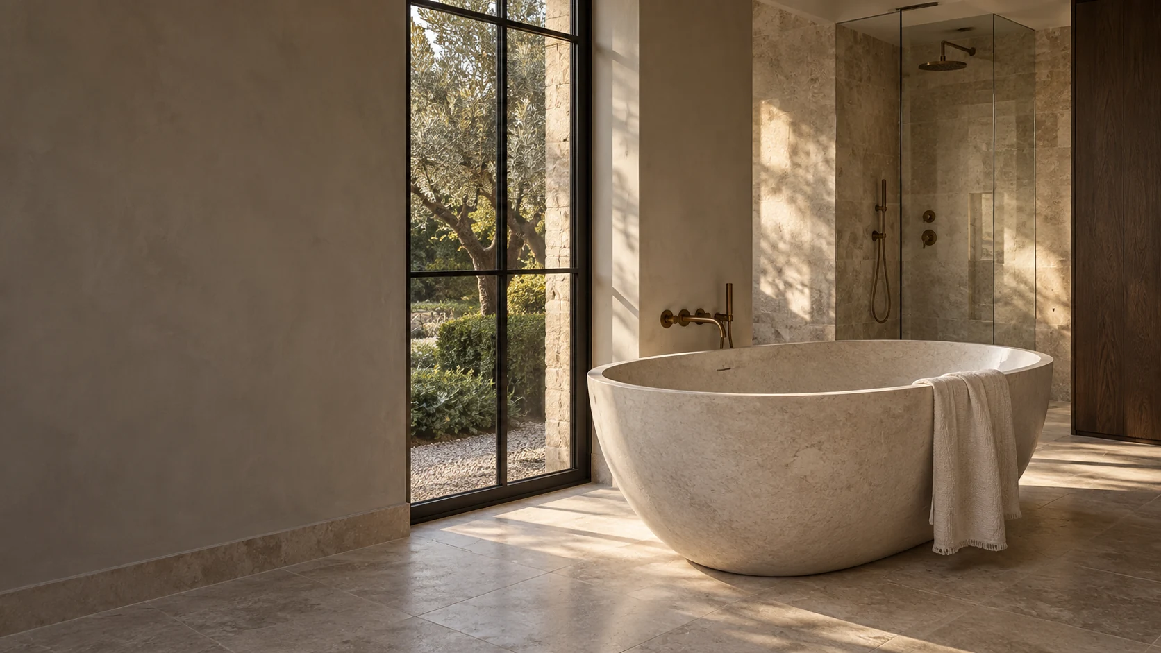 Warm limestone bathroom with a freestanding bath and bronze fittings