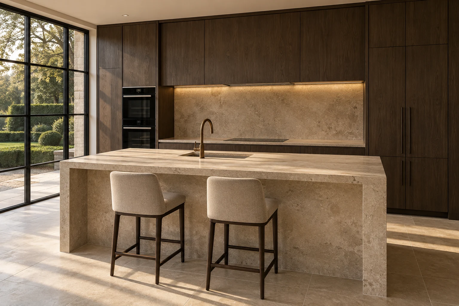 Kitchen island with bronze tap and carefully fitted oak cabinetry