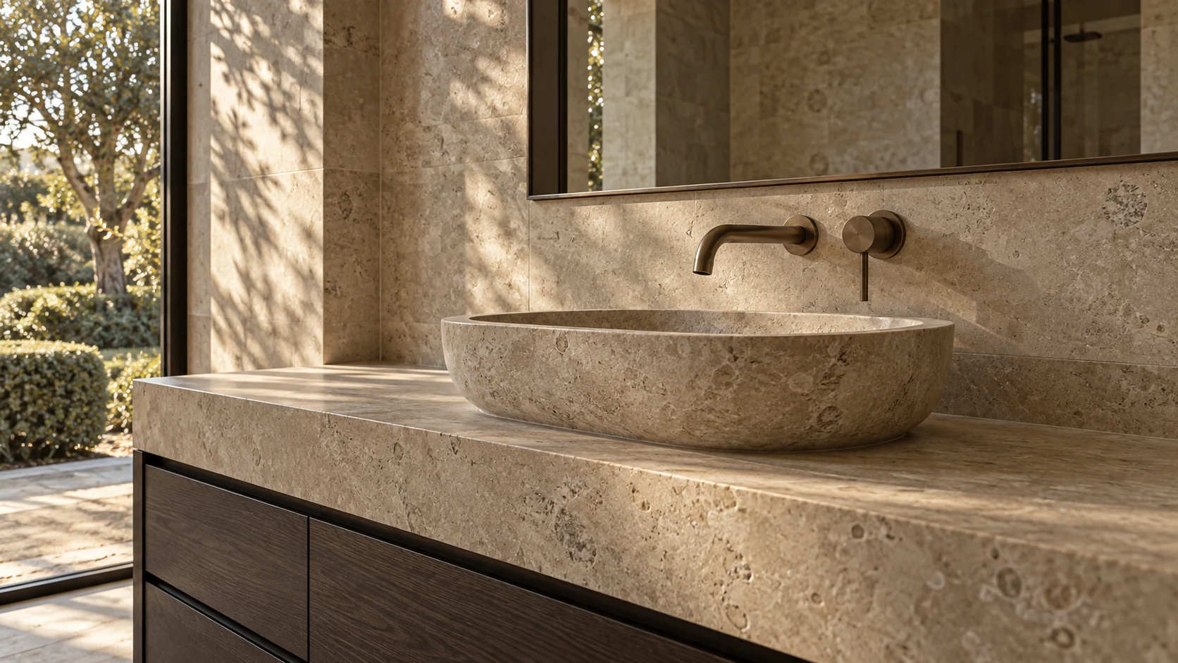 Carved limestone basin with a bronze wall tap and smoked oak vanity