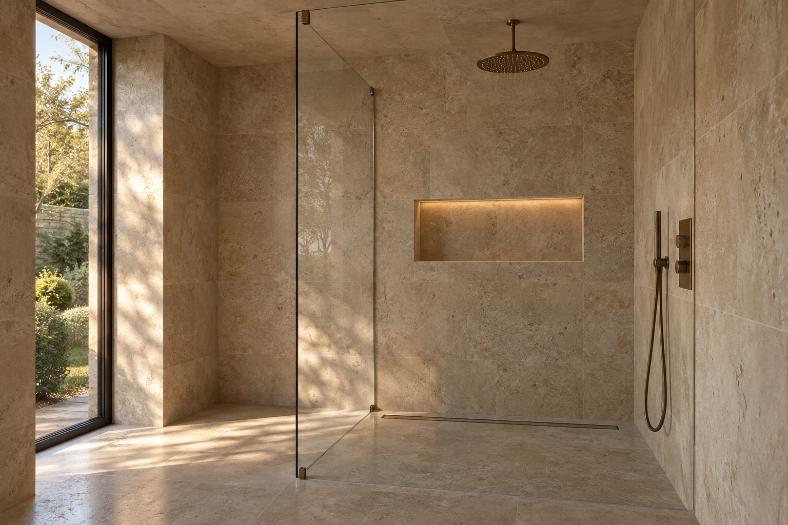 Limestone wet room with a frameless glass screen and bronze fittings
