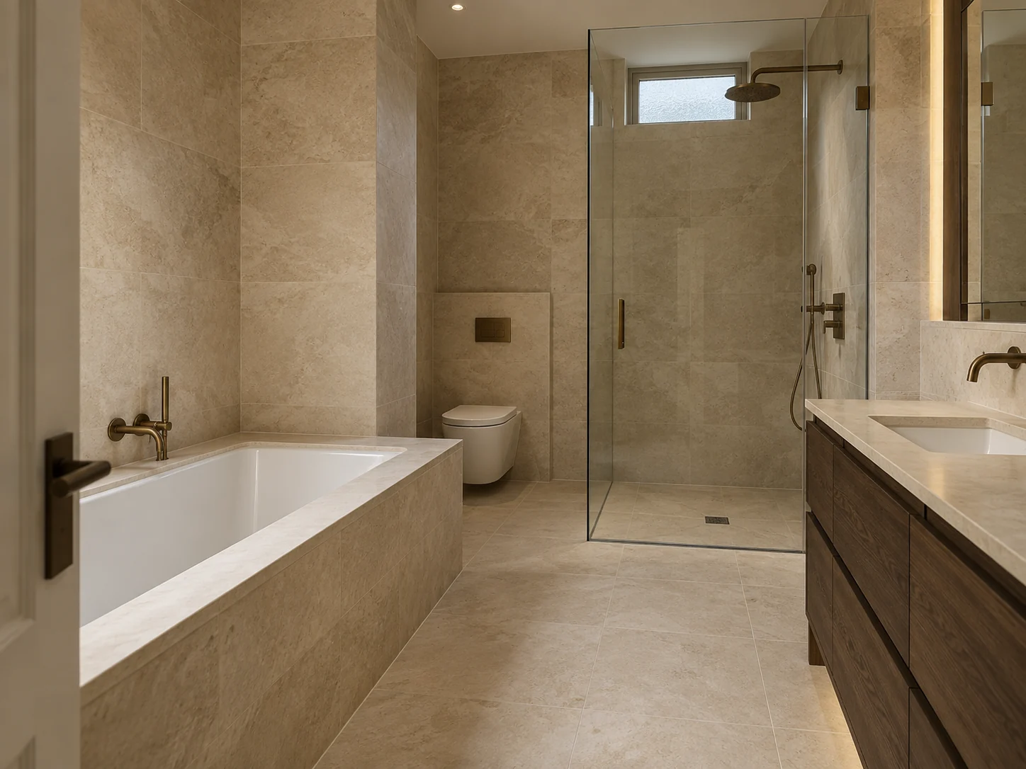 A complete bathroom with an oak vanity, limestone walls, bathtub and glass shower