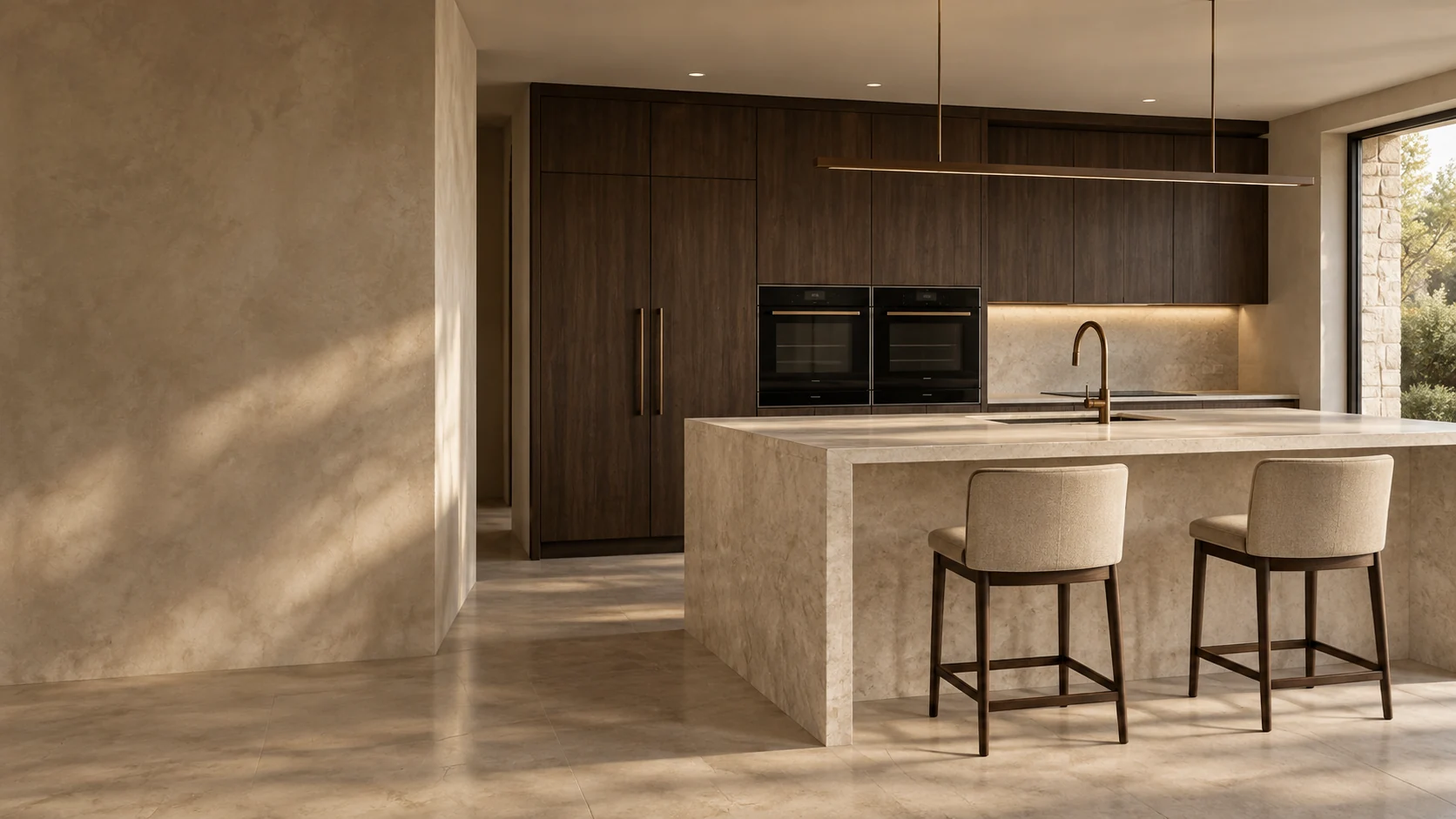 Dark oak kitchen with a limestone island and integrated ovens