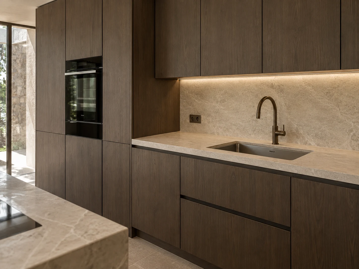Integrated oven and fitted kitchen sink with precisely aligned cabinetry