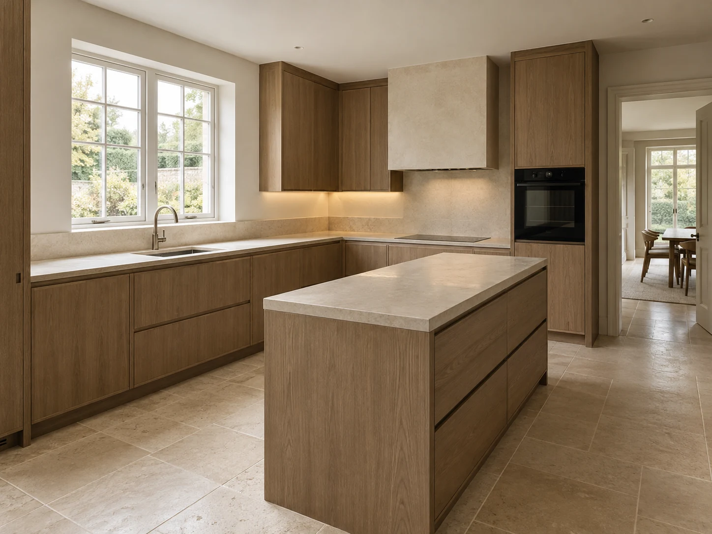 Complete fitted oak kitchen with a stone island and clear space to move